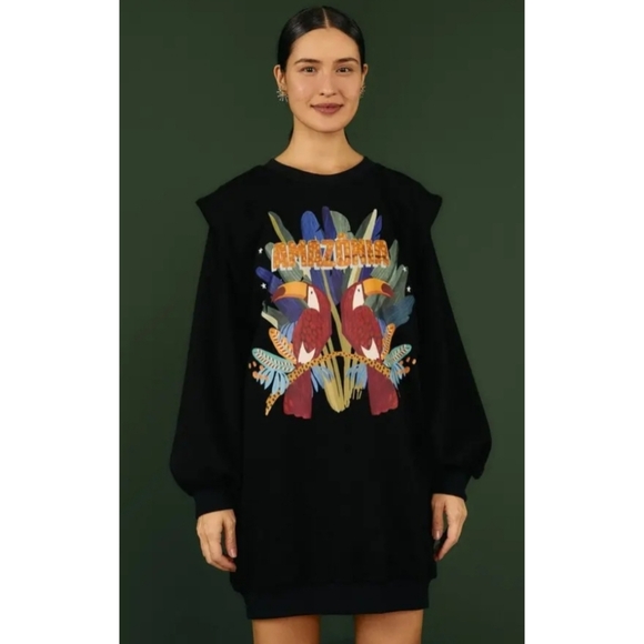 FARM Rio Dresses & Skirts - Farm Rio Amazonia Oversized Puff Shoulder Sweatshirt Dress, Size Small, Black